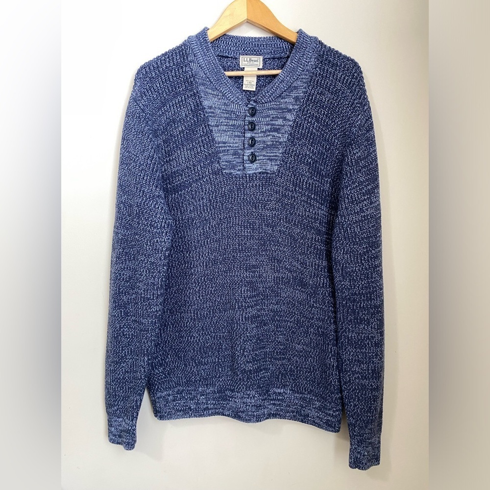 L.L.Bean Men’s Henley Sweater Size L Navy Gray 100% Cotton Knit Pullover Vintage